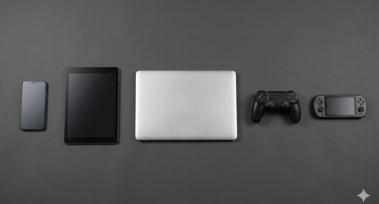 iPhone, iPad, MacBook, controller και handheld console σε σκουρόχρωμη επιφάνεια