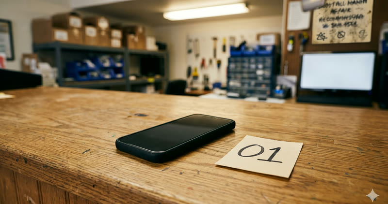 Συσκευή στον πάγκο υποδοχής με αριθμό παραγγελίας στο iCrash TECH