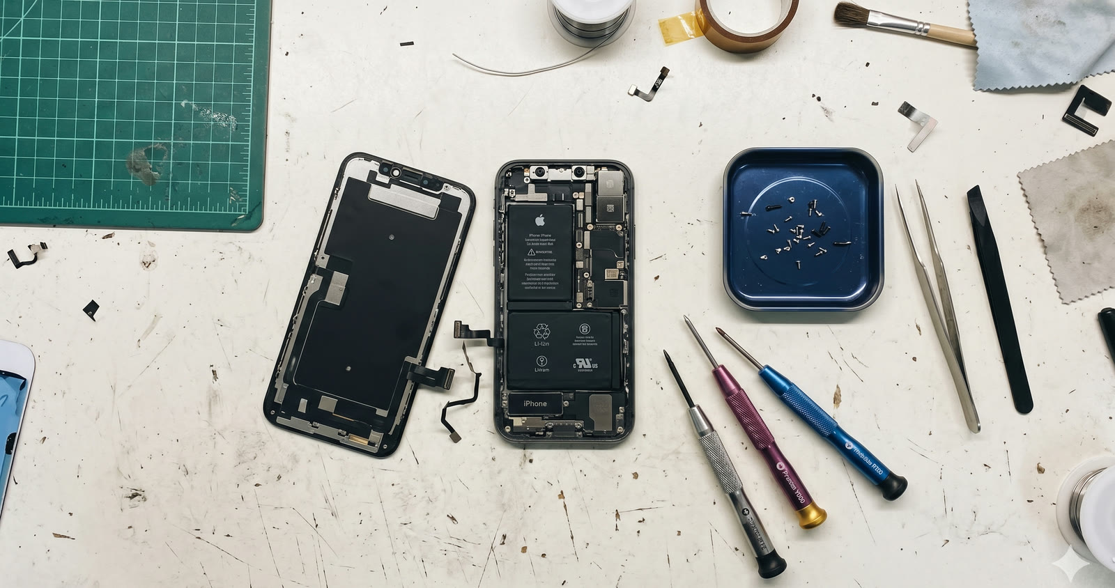 Επαγγελματικός πάγκος επισκευής iPhone με εργαλεία ακριβείας — iCrash TECH